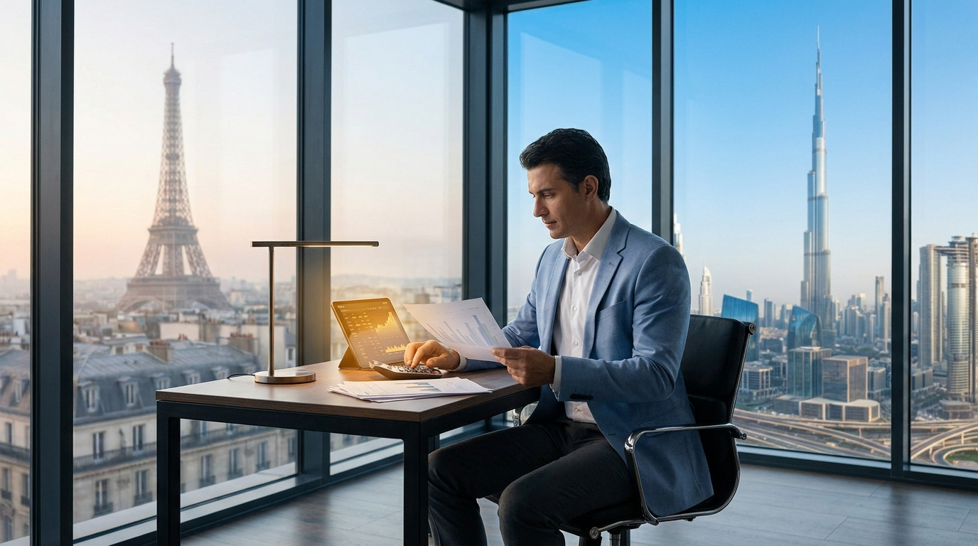 Un homme d'affaires travaillant dans un bureau avec la tour Eiffel et le Burj Khalifa visibles par la fenêtre.