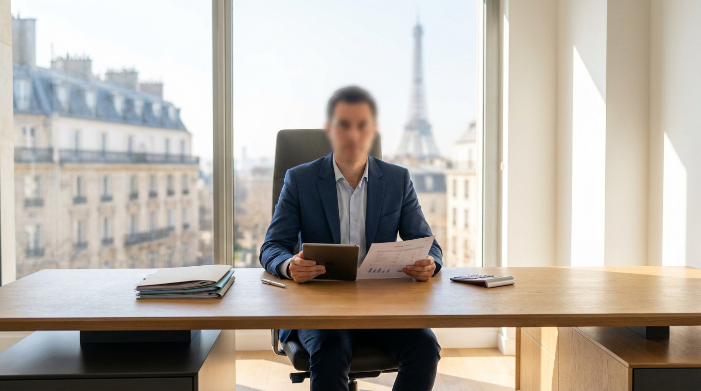 Un avocat fiscaliste dans son bureau parisien avec vue sur la Tour Eiffel, tenant une tablette et des documents.