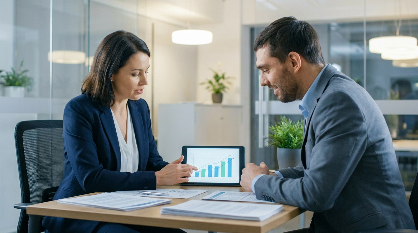 Une avocate fiscaliste présente un graphique financier sur une tablette à son client dans un bureau moderne.
