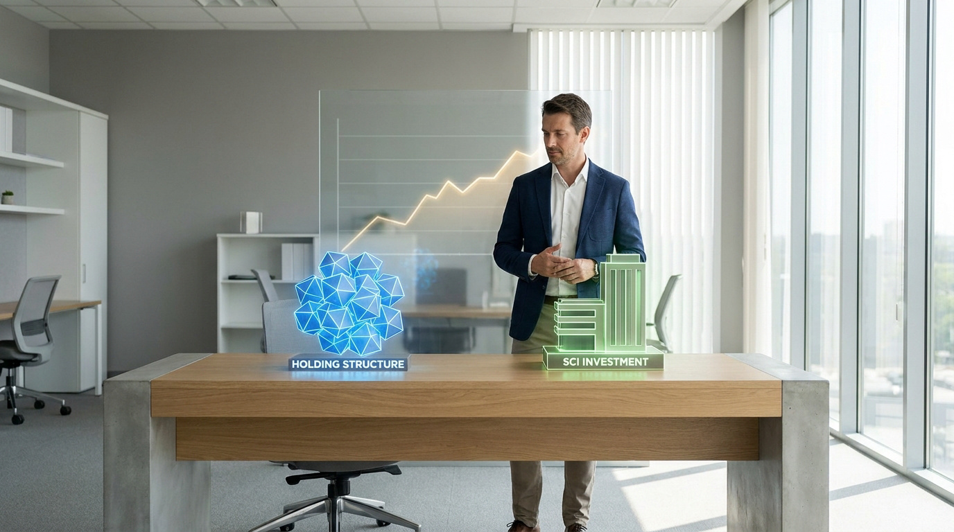 Un homme d'affaires devant un bureau avec des hologrammes de Holding et de SCI, illustrant une décision stratégique.