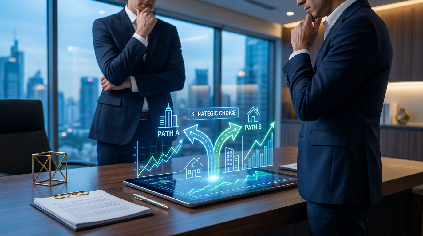 Deux hommes d'affaires analysant une projection holographique interactive de choix stratégiques pour une SCI sur une tablette.